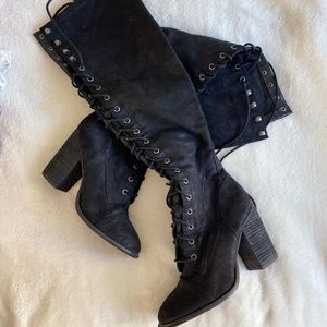 Over the knee black lace up boots
